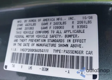 2009 Honda Accord 2.4 Ex-L from USA, damaged, VIN 1HGCP268X9A054111